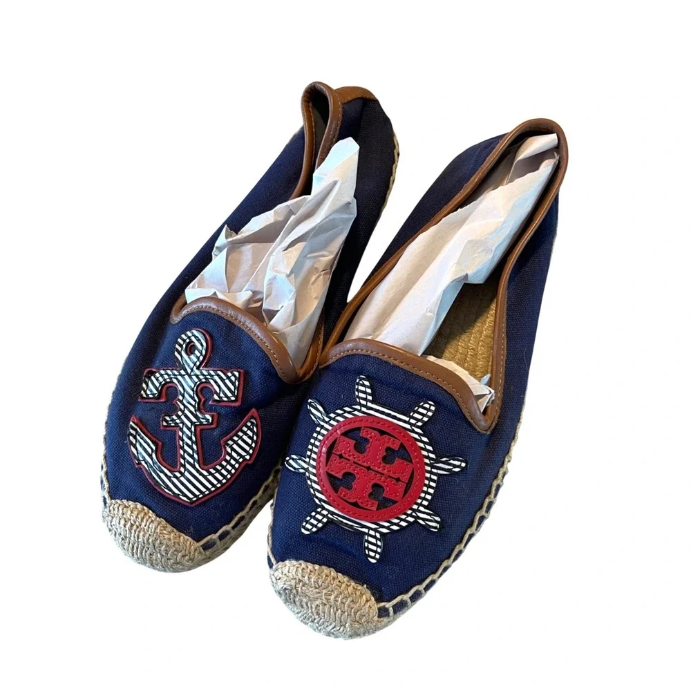 Tory Burch Espadrilles Womens 8 Navy Blue Nautical Anchor Ship Wheel Flats